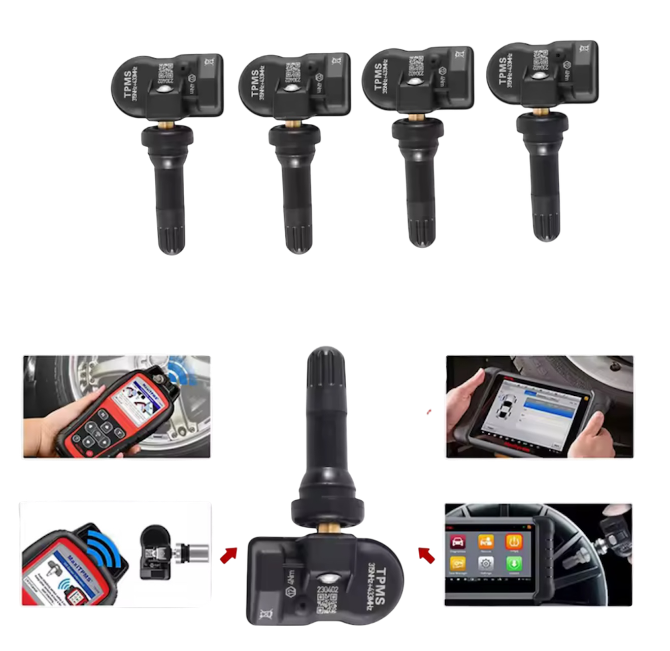 TSG TPMS Tire Pressure Sensor, Universal Repair Tool 2 in 1, 4 Pieces, 315MHZ, 433MHZ, Black