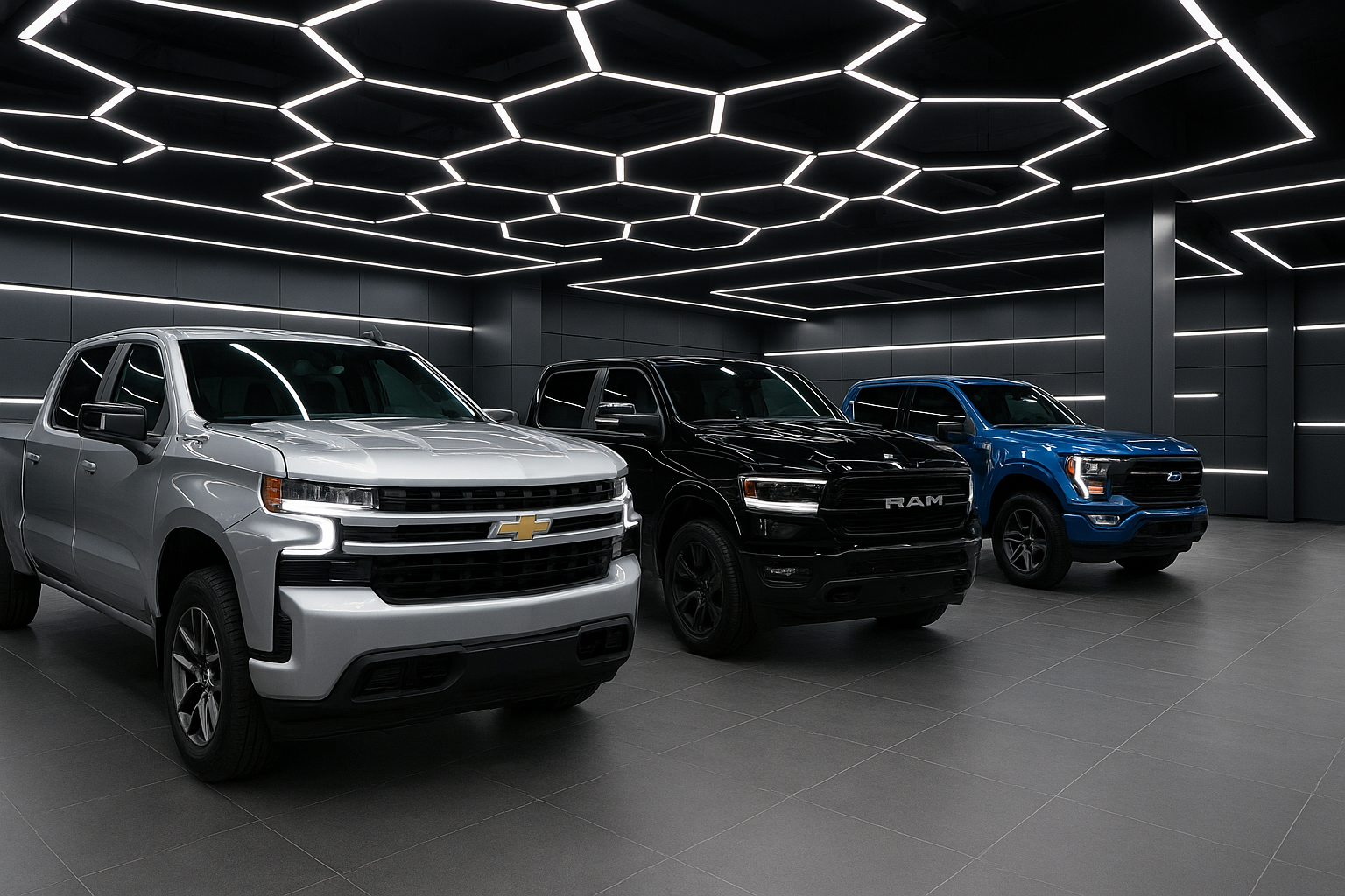 Dame una imagen de varias camionetas de las marcas chevrolet, ram y ford de las mas nuevas y que tengan de fondo un garage super moderno con luces exagonales y piso en pvc